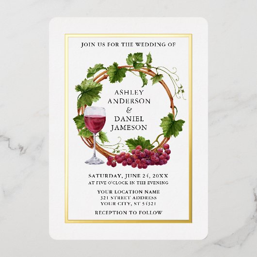 Elegant Waterverf Grape Vines Wreatding Wedding Go Folie Uitnodiging (Voorkant)