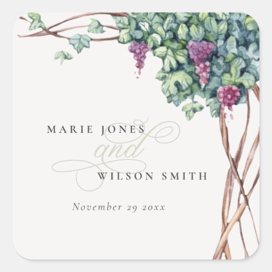 Elegant Waterverf Grapevine Foliage Wedding Vierkante Sticker (Voorkant)