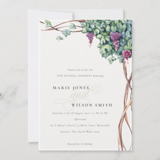 Elegant Waterverf Grapevine Vow Renewal Invite Bedankkaart (Voorkant)