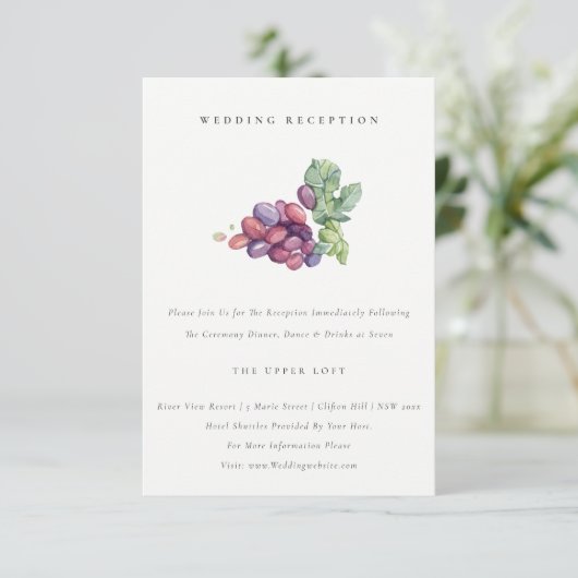 Elegant Waterverf Grapevine Wedding Reception Informatiekaartje (Staand voorkant)