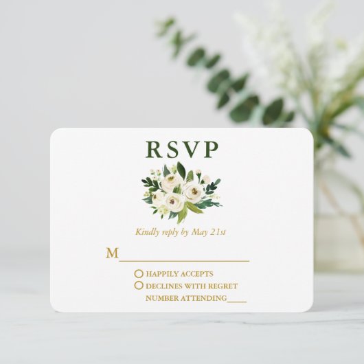 Elegant Waterverf Green Floral Gold Wedding RSVP Kaartje (Staand voorkant)