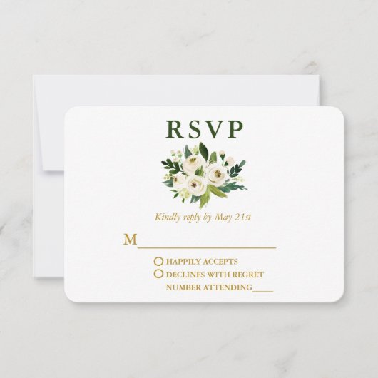 Elegant Waterverf Green Floral Gold Wedding RSVP Kaartje (Voorkant)