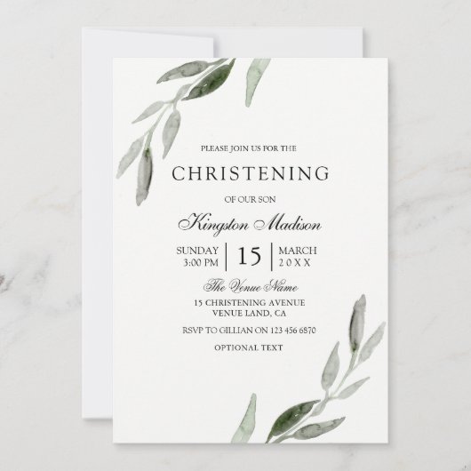 Elegant Waterverf Green Leaf Christening Invite Kaart (Voorkant)