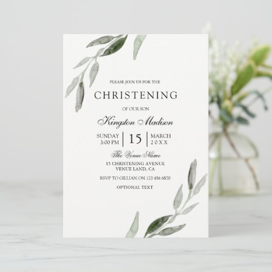 Elegant Waterverf Green Leaf Christening Invite Kaart (Staand voorkant)