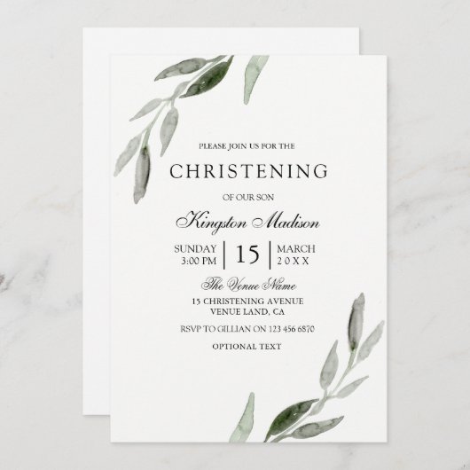 Elegant Waterverf Green Leaf Christening Invite Kaart (Voorkant / Achterkant)