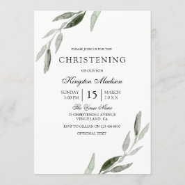 Elegant Waterverf Green Leaf Christening Invite Kaart