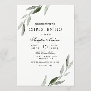 Elegant Waterverf Green Leaf Christening Invite Kaart