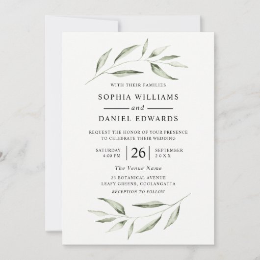 Elegant Waterverf Green Leaf Greenery Wedding Kaart (Voorkant)