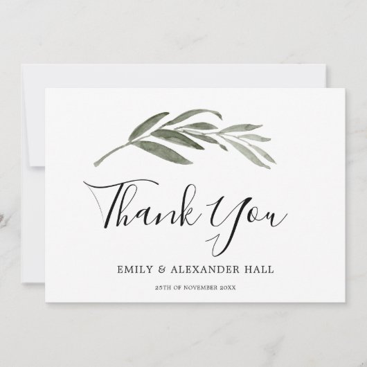 Elegant Waterverf Green Leaf Modern Wedding Bedankkaart (Voorkant)