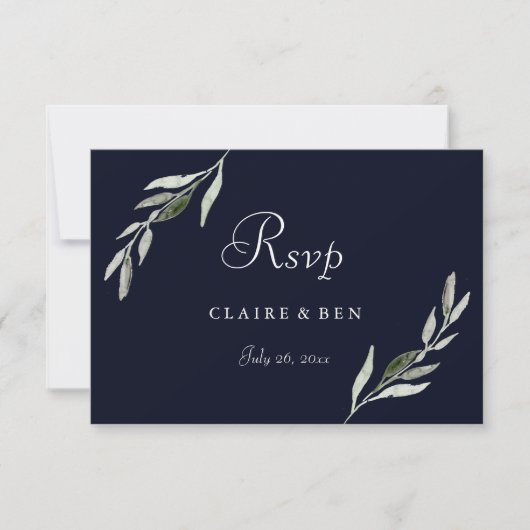 Elegant Waterverf Green Leaf Navy Wedding RSVP (Voorkant)