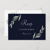 Elegant Waterverf Green Leaf Navy Wedding RSVP (Voorkant / Achterkant)