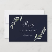 Elegant Waterverf Green Leaf Navy Wedding RSVP