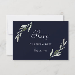 Elegant Waterverf Green Leaf Navy Wedding RSVP Kaartje