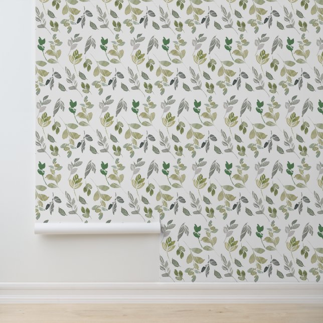 Elegant Waterverf Green Leaf Pattern Behang (Applicatie)