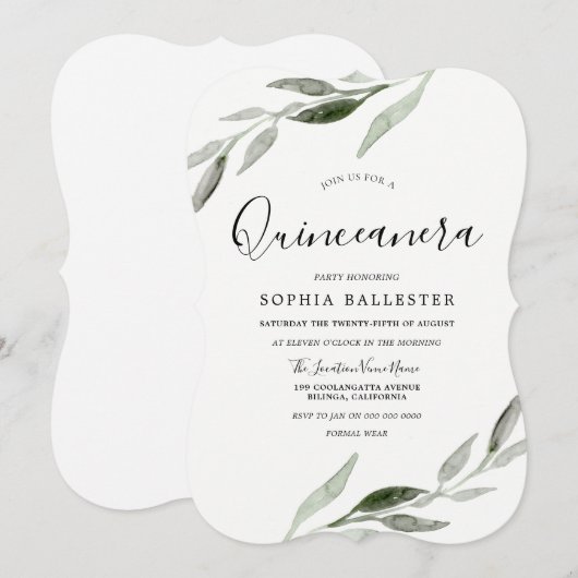 Elegant Waterverf Green Leaf Quinceanera Party Kaart (Voorkant / Achterkant)