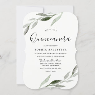 Elegant Waterverf Green Leaf Quinceanera Party Kaart