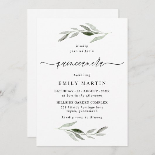 Elegant Waterverf Green Leaf Quinceanera Party Kaart (Voorkant / Achterkant)