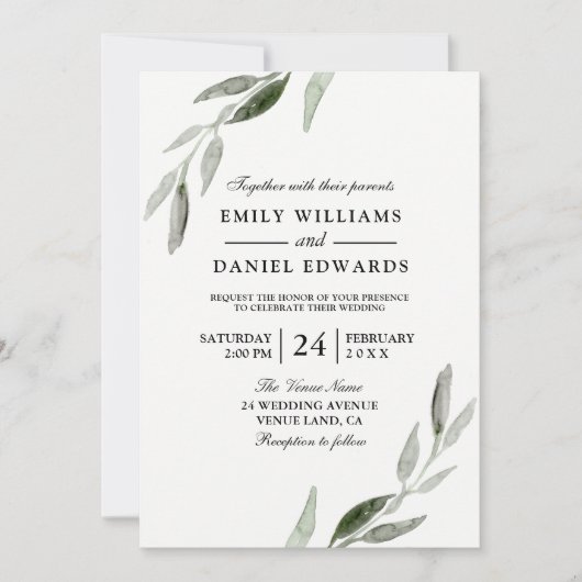 Elegant Waterverf Green Leaf Wedding Invite Kaart (Voorkant)