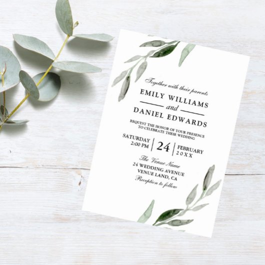 Elegant Waterverf Green Leaf Wedding Invite Kaart