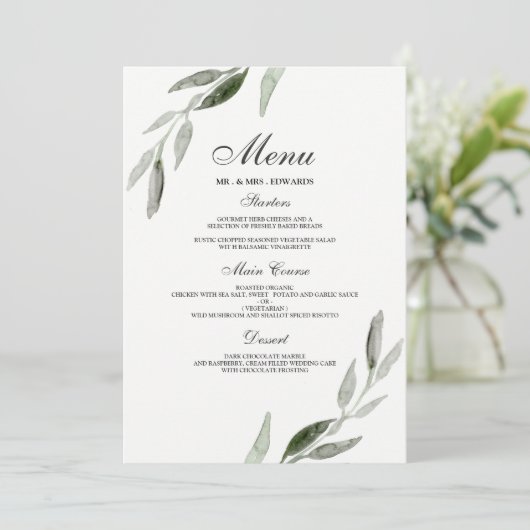 Elegant Waterverf Green Leaf Wedding Menu (Staand voorkant)