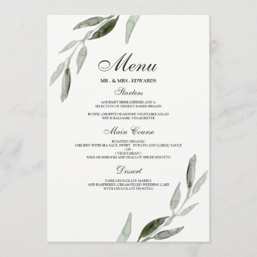 Elegant Waterverf Green Leaf Wedding Menu (Voorkant)