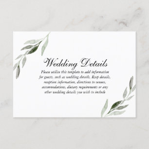 Elegant Waterverf Green Leaf Wedding Reception Informatiekaartje