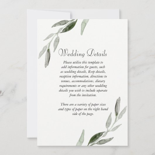 Elegant Waterverf Green Leaf Wedding Reception Kaart (Voorkant)