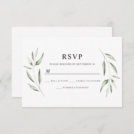 Elegant Waterverf Green Leaf Wedding RSVP (Voorkant / Achterkant)