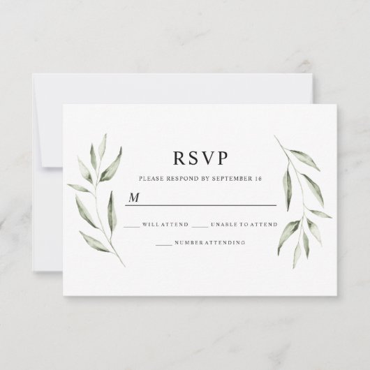 Elegant Waterverf Green Leaf Wedding RSVP Kaartje (Voorkant)
