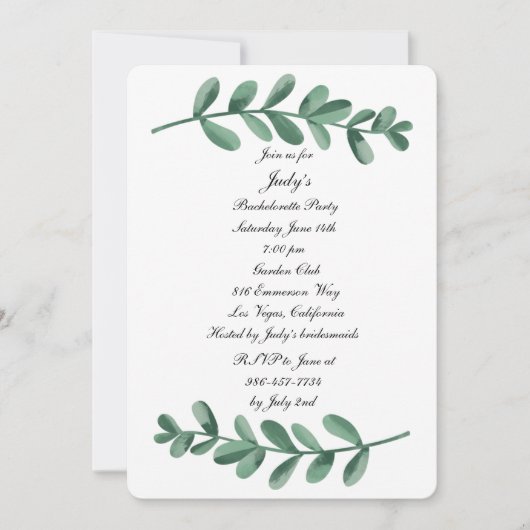 Elegant Waterverf Green Leaves Bachelorette Party Kaart (Voorkant)