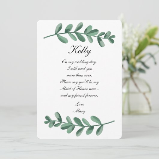 Elegant Waterverf Green Leaves Maid of Honor Kaart (Staand voorkant)
