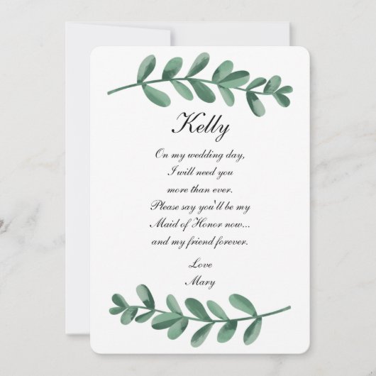 Elegant Waterverf Green Leaves Maid of Honor Kaart (Voorkant)