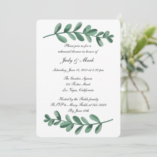 Elegant Waterverf Green Leaves Rehearsal Dinner Kaart (Staand voorkant)