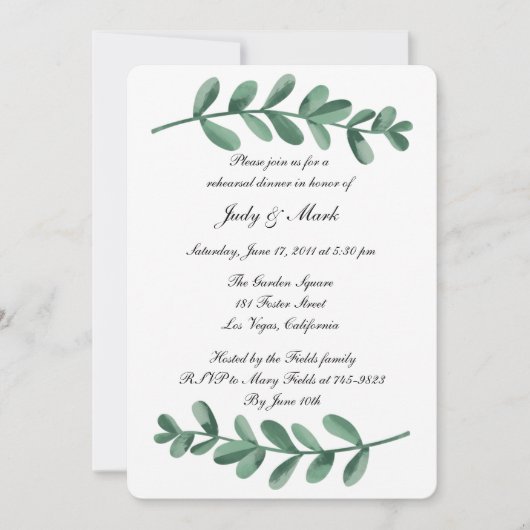 Elegant Waterverf Green Leaves Rehearsal Dinner Kaart (Voorkant)