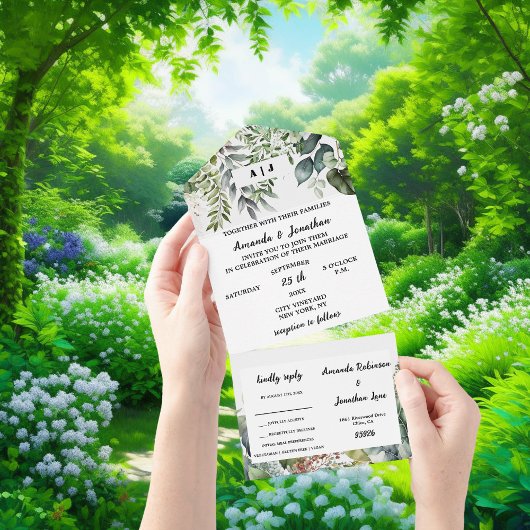 Elegant Waterverf Green Leaves Wedding All In One Uitnodiging