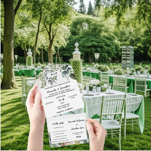 Elegant Waterverf Green Leaves Wedding All In One Uitnodiging