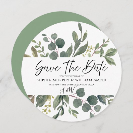 Elegant Waterverf Green Leaves Wedding Greenery Save The Date (Voorkant / Achterkant)