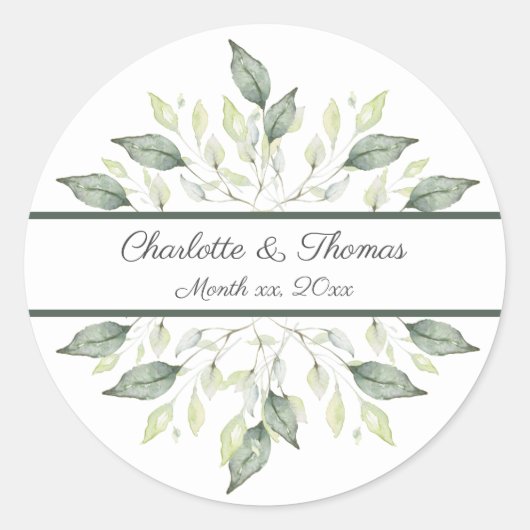 Elegant Waterverf Green Leaves Wedding Ronde Sticker (Voorkant)
