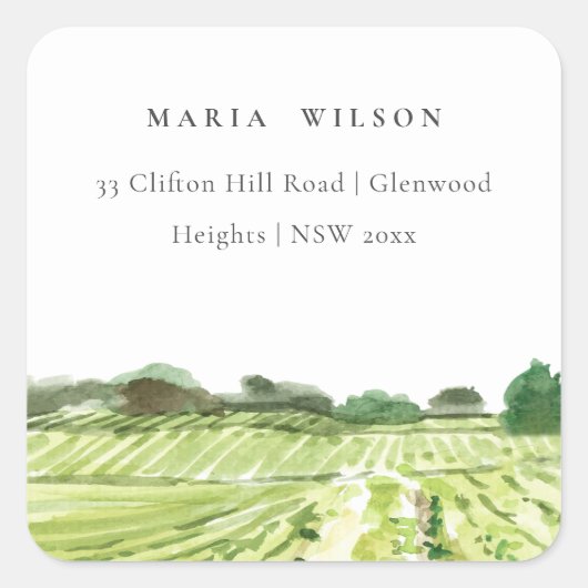 Elegant Waterverf Green Winery Vineyard Adres Vierkante Sticker (Voorkant)