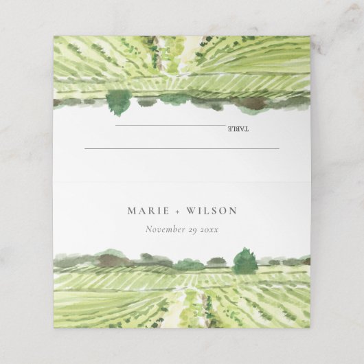Elegant Waterverf Green Winery Vineyard Wedding Plaatskaartje (Buitenkant ongevouwen)