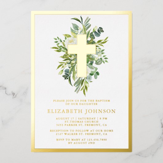 Elegant Waterverf Greenery Baptism Gold Folie Uitnodiging (Voorkant)