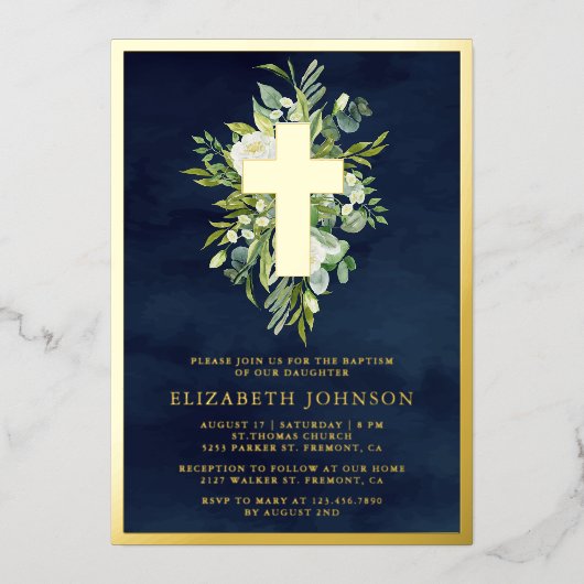 Elegant Waterverf Greenery Baptism Navy Blue Gold Folie Uitnodiging (Voorkant)