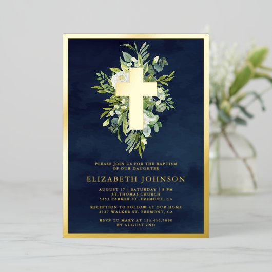 Elegant Waterverf Greenery Baptism Navy Blue Gold Folie Uitnodiging (Staand Voorkant)