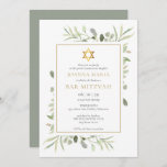 Elegant Waterverf Greenery Bat Mitzvah Kaart<br><div class="desc">Met delicate waterverf bladeren en een elegante gouden ster van David,  kan deze kic bat mitzvah uitnodiging gepersonaliseerd worden met je speciale informatie,  met een sage achtergrond aan de achterkant. Ontworpen door: Thisnotme©</div>