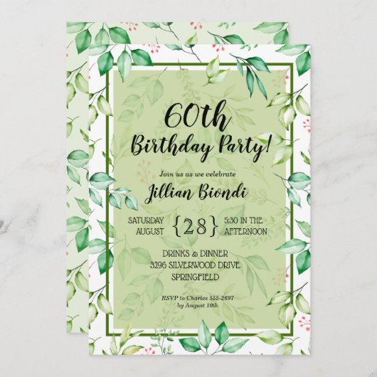 Elegant Waterverf Greenery Birthday Invitations (Voorkant / Achterkant)