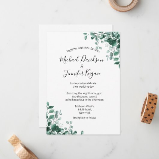 elegant waterverf greenery bruiloft uitnodiging (Voorkant / Achterkant in situ)