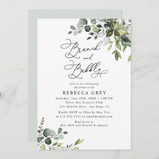 Elegant Waterverf Greenery Brunch & Bubble Shower Kaart (Voorkant / Achterkant)