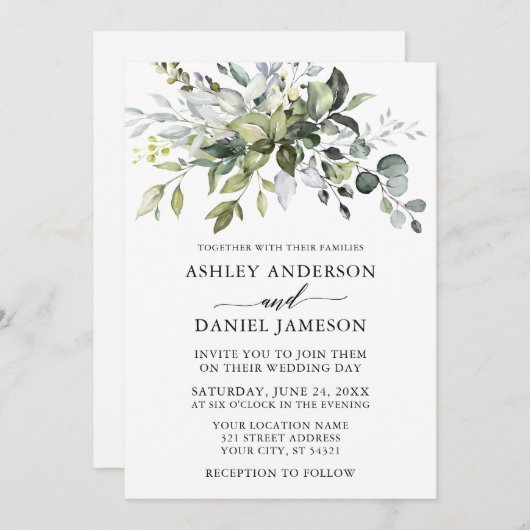 Elegant Waterverf Greenery Calligraphy Wedding Kaart (Voorkant / Achterkant)