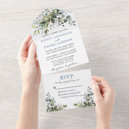 Elegant Waterverf Greenery Dusty Blue Wedding All In One Uitnodiging