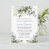Elegant Waterverf Greenery Dusty Blue Wedding Kaart (Staand voorkant)